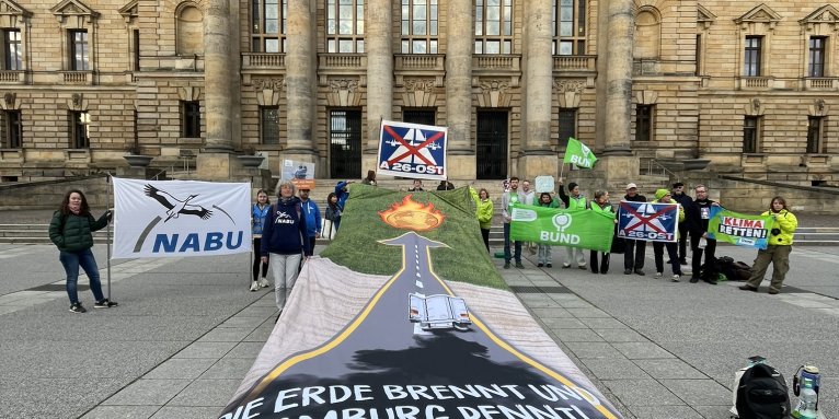 Protest vor dem Bundesverwaltungsgericht am Tag der Verhandlung. Foto: NABU/J. Voß